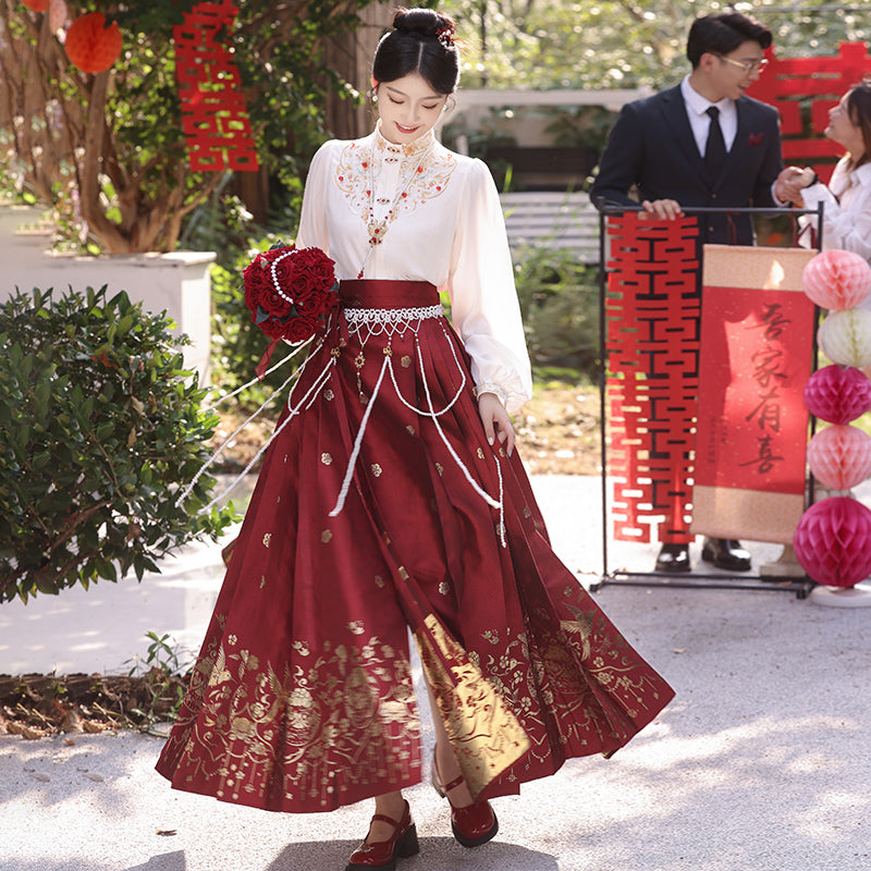 Winter Bridal Embroidered Hanfu Set | Wedding Mamianqun Set with Waist Chain