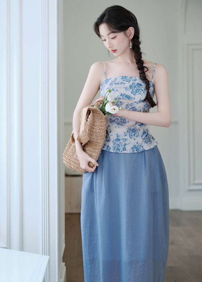 Chinese-Style Blue-and-White Camisole Set | Fresh Blue Sheer Midi Skirt
