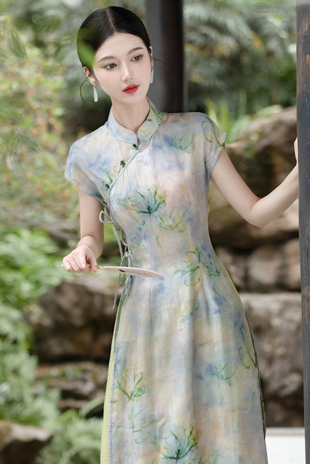 优雅花卉印花汉服两件套,带透明罩层