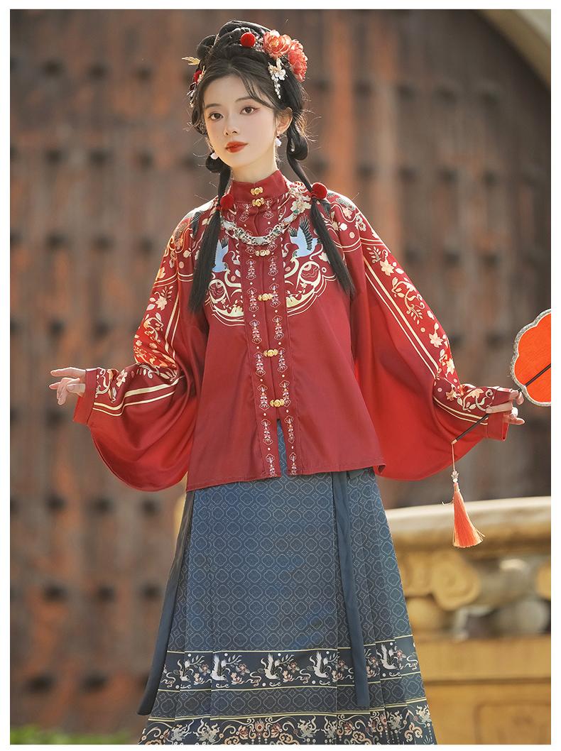 Elegant Red & Blue Traditional Hanfu Dress with Embroidered Phoenix Pattern