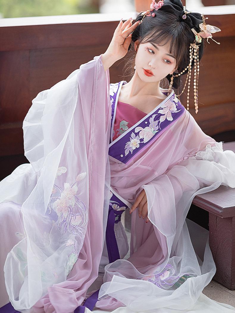 Elegant Tang Dynasty Hanfu Dress – Flowing Chiffon Gown with Embroidered Details
