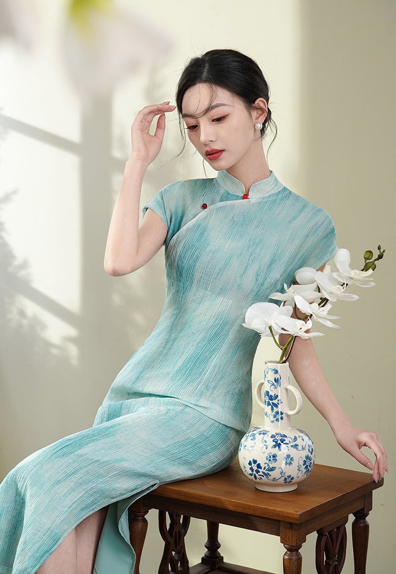 Half-Overlap Long Qipao | Cap-Sleeve Slim Mandarin Dress