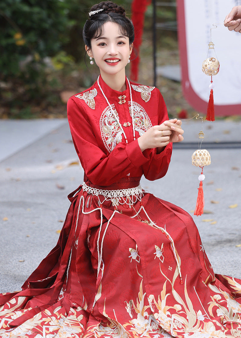 Red Mamianqun Bridal Toast Dress Set | Detachable Warm Cape