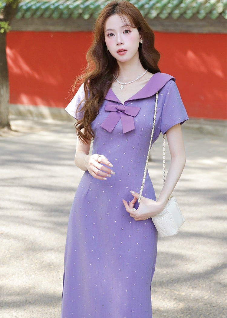 Purple Sailor Bow Midi Qipao Dress | Slim Side-Slit, Retro Sweet