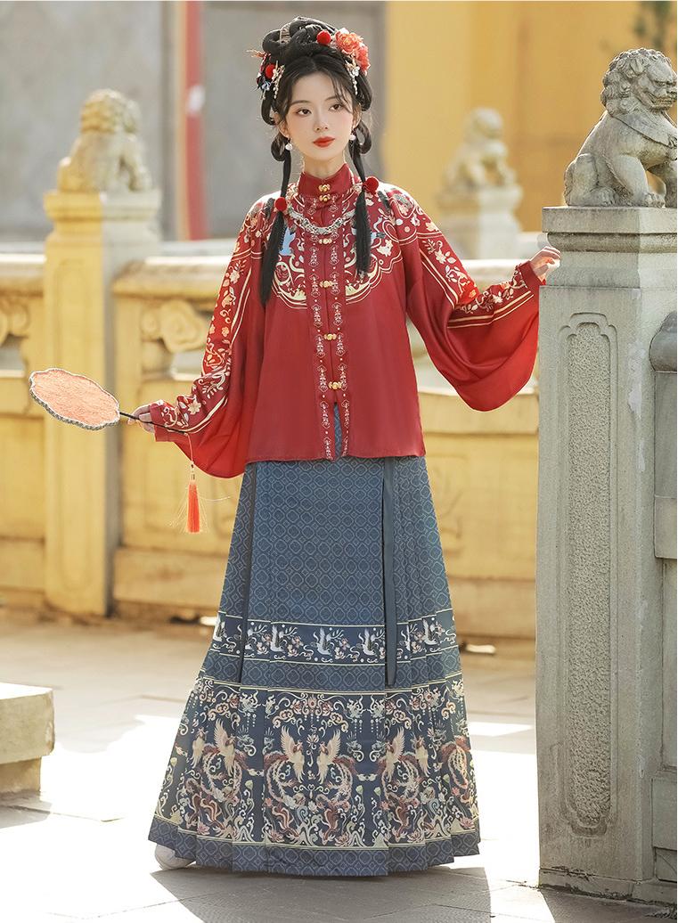 Elegant Red & Blue Traditional Hanfu Dress with Embroidered Phoenix Pattern