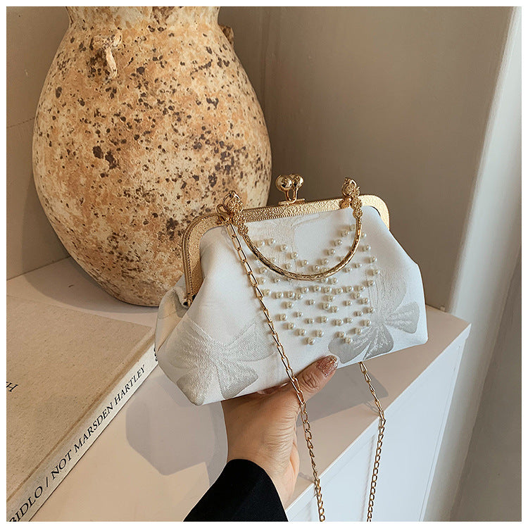 Pearl-Embellished Vintage Bow Evening Clutch Bag for Hanfu Pairing