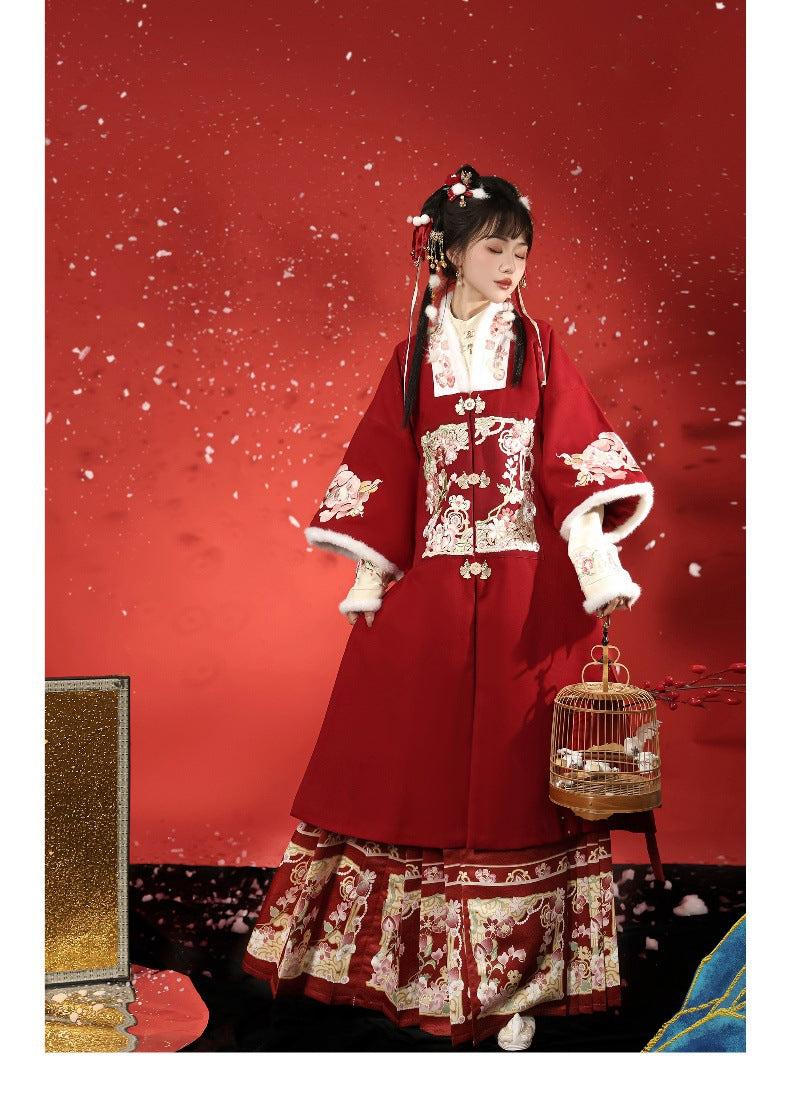 Traditional Red Hanfu Dress with Floral Embroidery and Panda Skirt, Elegant Chinese Costume