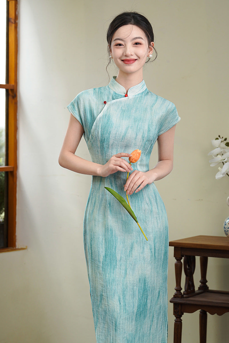 Half-Overlap Long Qipao | Cap-Sleeve Slim Mandarin Dress