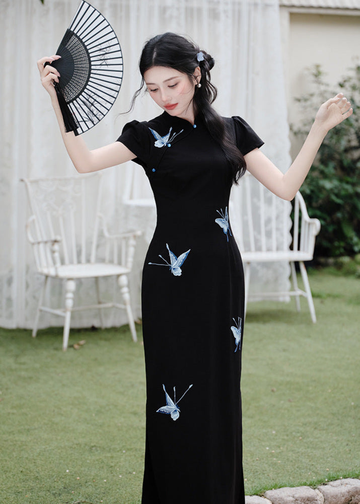 Black Butterfly Embroidered Slim Long Qipao | Side Slit
