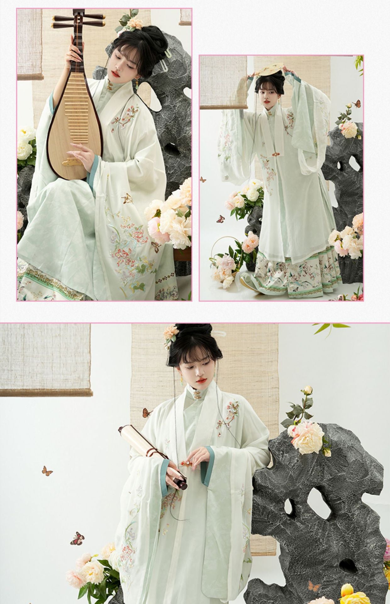 Traditional Hanfu Floral Embroidered Dress with Flowing Sleeves, Elegant Pastel Design, Perfect for Chinese Cultural Occasions