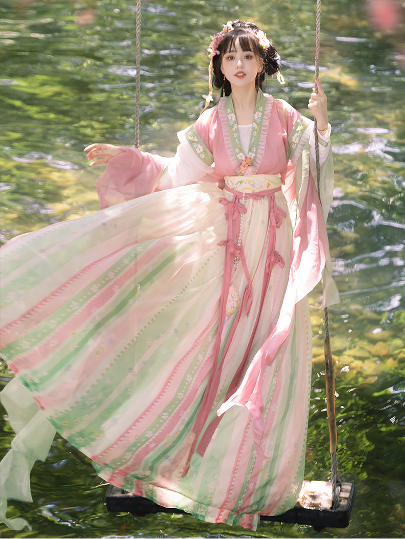Elegant Tang Dynasty Hanfu Dress with Embroidered Floral Details and Flowing Sleeves