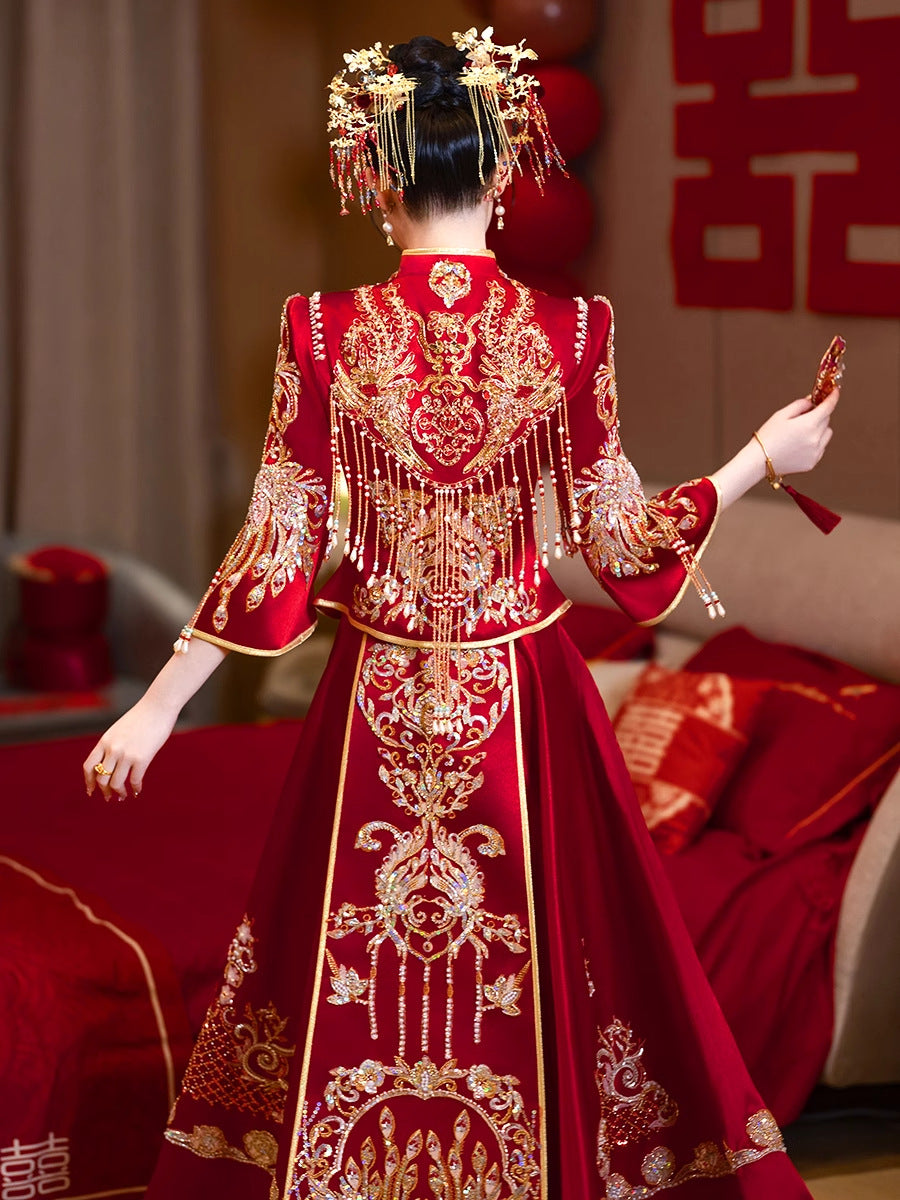 Chinese Satin Xiuhe Bridal Wedding Dress | Embroidered Gown