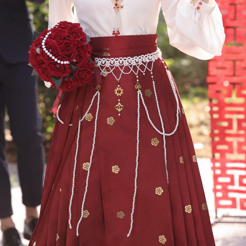 Winter Bridal Embroidered Hanfu Set | Wedding Mamianqun Set with Waist Chain
