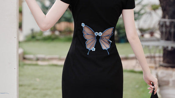 Black Butterfly Embroidered Slim Long Qipao | Side Slit