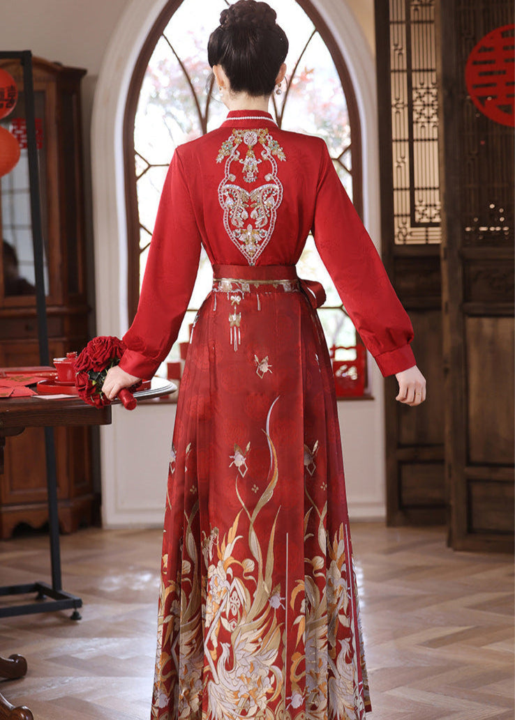 Red Mamianqun Bridal Toast Dress Set | Detachable Warm Cape