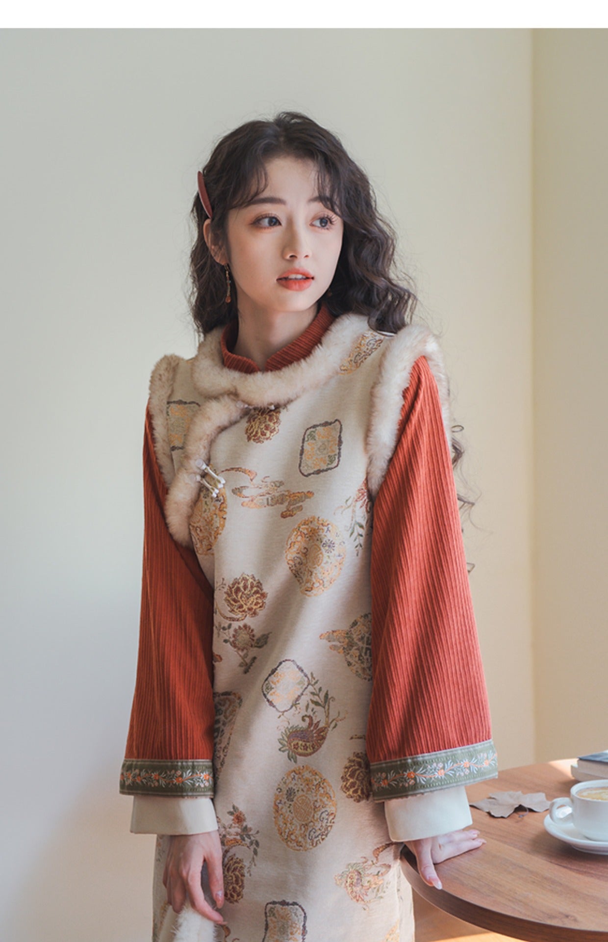 Vintage Orange Corduroy Hanfu Dress With Embroidered Vest