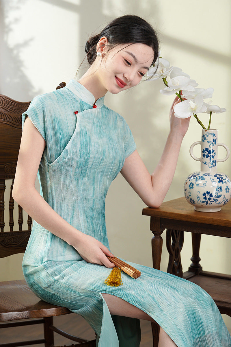 Half-Overlap Long Qipao | Cap-Sleeve Slim Mandarin Dress