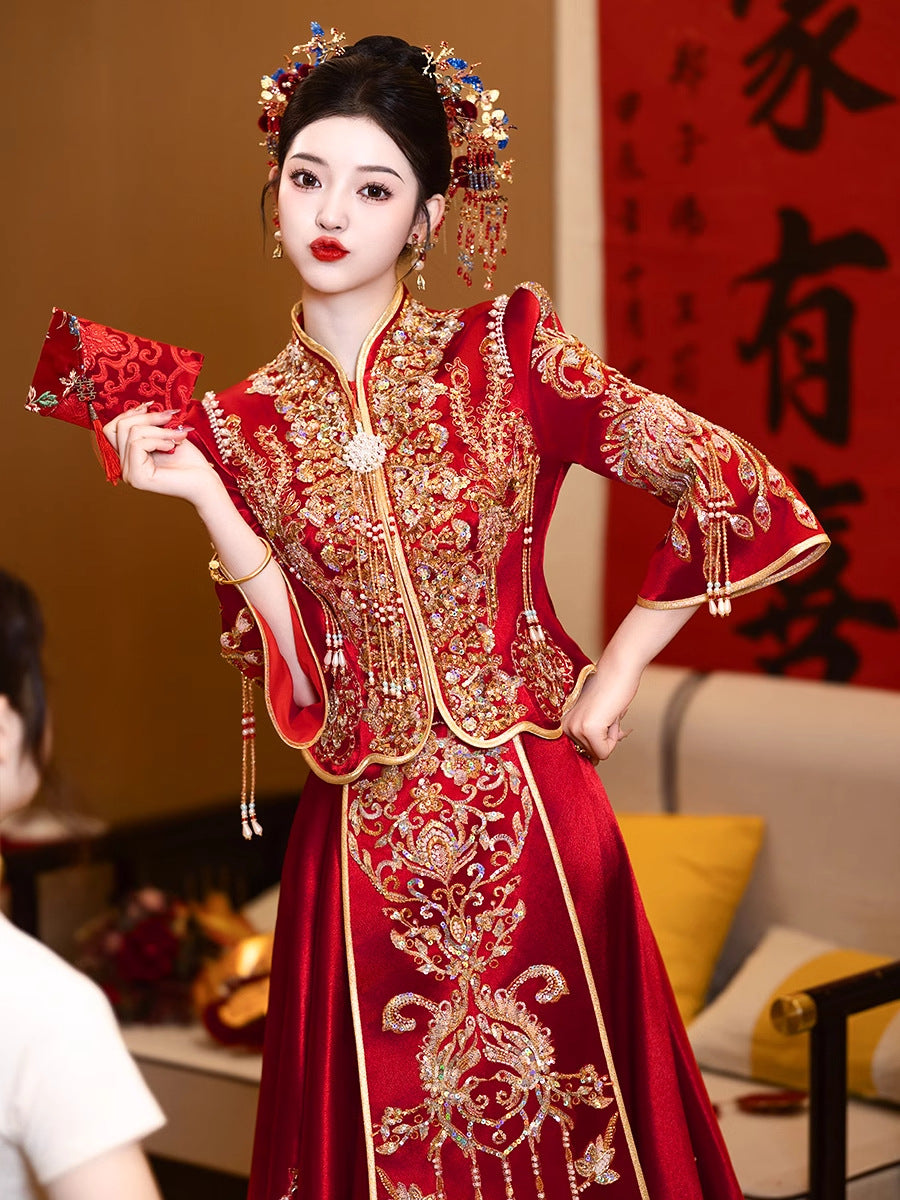 新款中式无袖旗袍新娘结婚晨袍