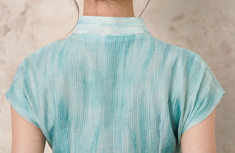 Half-Overlap Long Qipao | Cap-Sleeve Slim Mandarin Dress