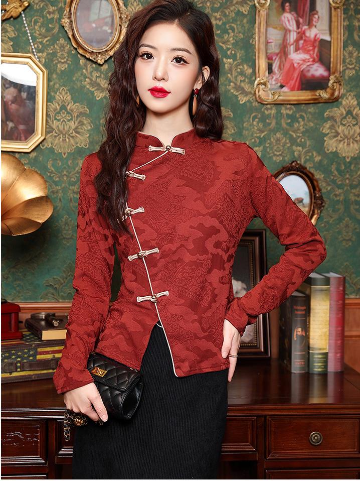 Women's Retro Chinese Style Jacket with Frog Buttons and Jacquard Design