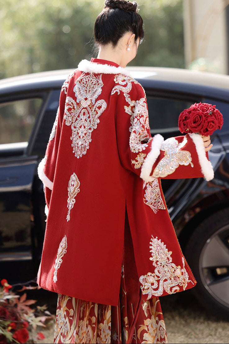 Red Mamianqun Bridal Toast Dress Set | Detachable Warm Cape