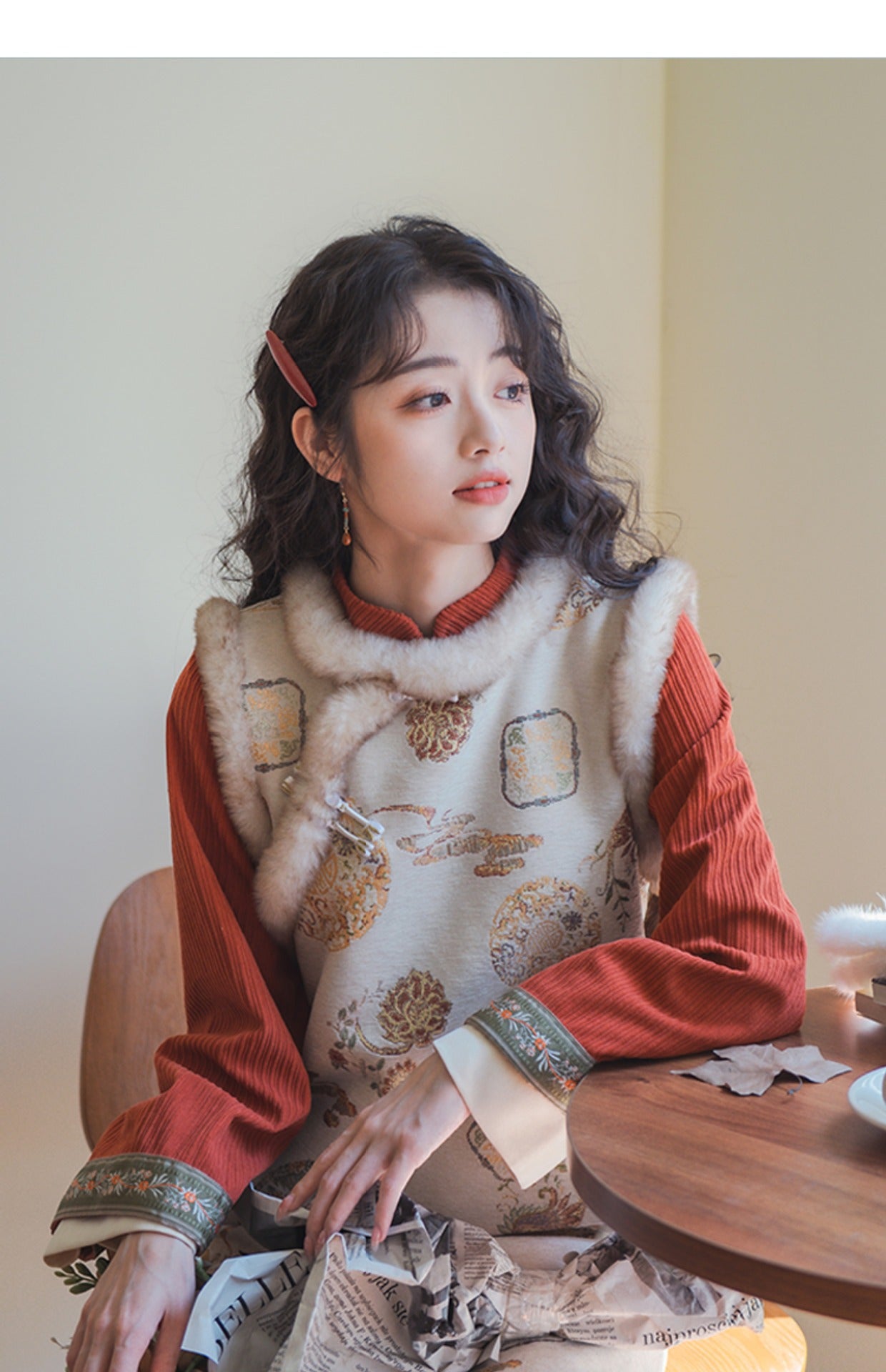 Vintage Orange Corduroy Hanfu Dress With Embroidered Vest