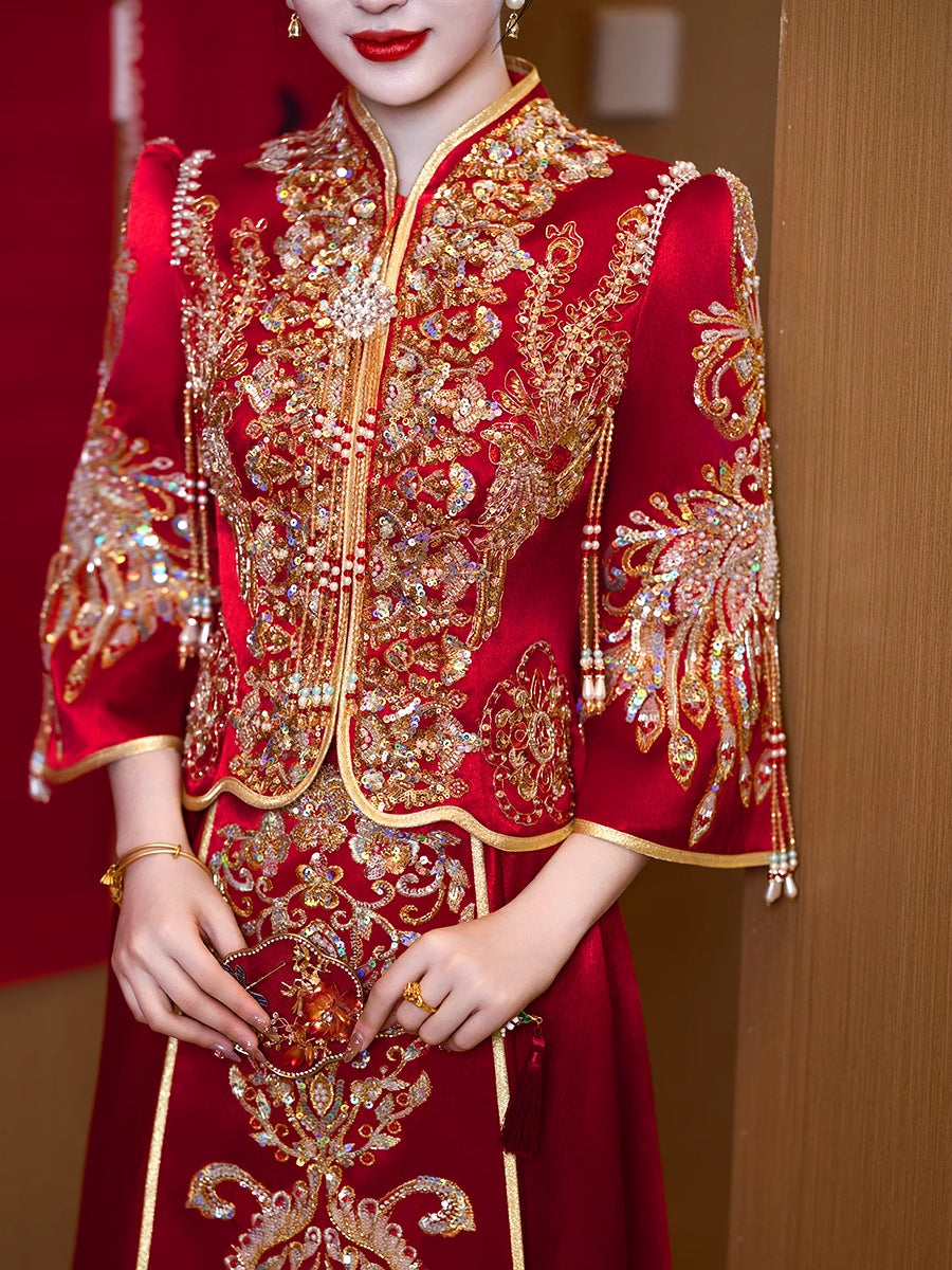 Chinese Satin Xiuhe Bridal Wedding Dress | Embroidered Gown