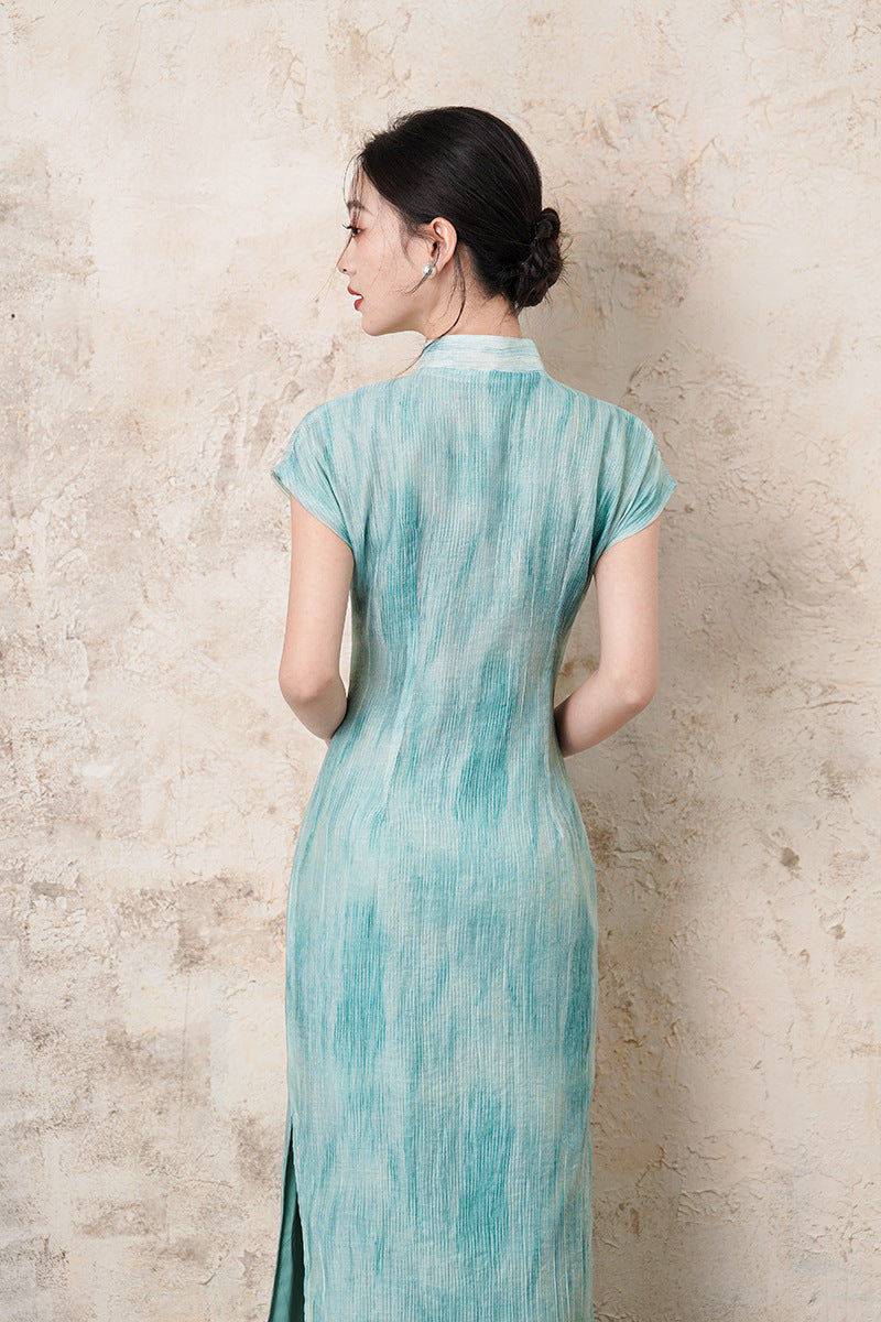 Half-Overlap Long Qipao | Cap-Sleeve Slim Mandarin Dress