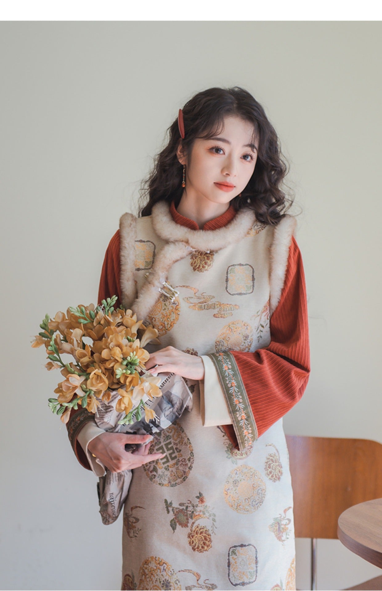Vintage Orange Corduroy Hanfu Dress With Embroidered Vest