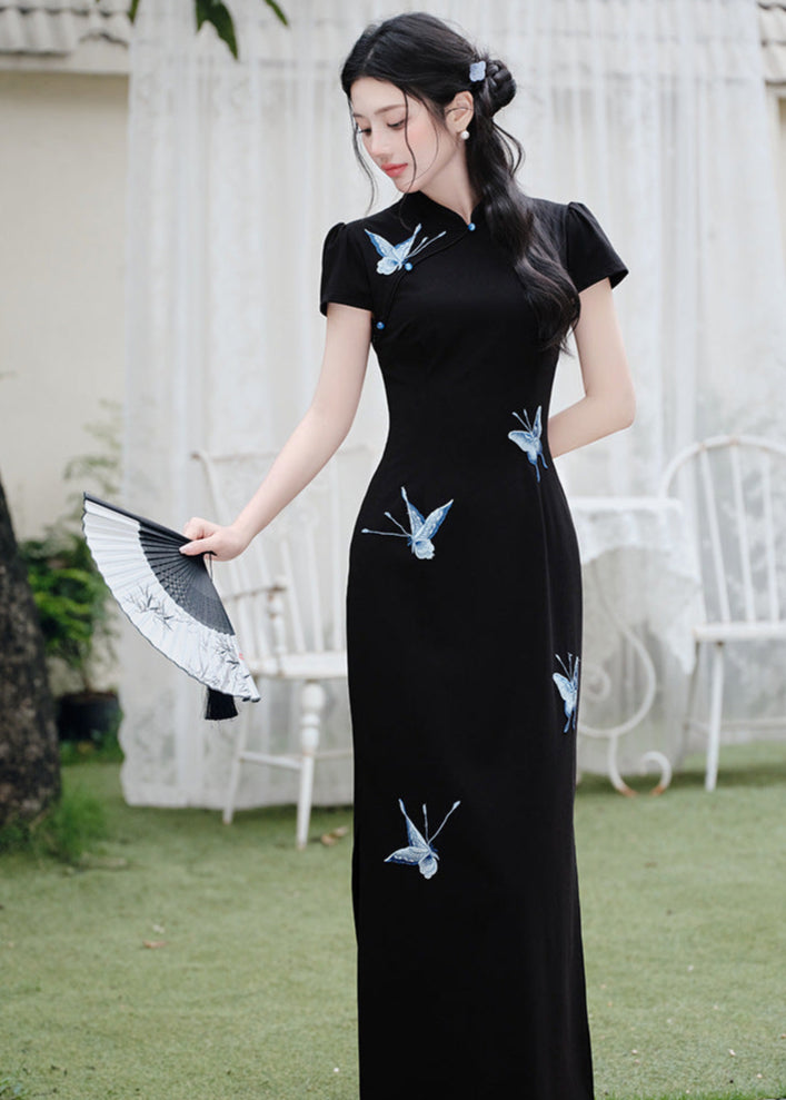 Black Butterfly Embroidered Slim Long Qipao | Side Slit