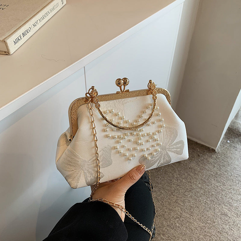 Pearl-Embellished Vintage Bow Evening Clutch Bag for Hanfu Pairing