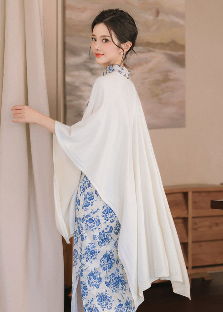Sleeveless Blue-White Floral Qipao & Shawl Set