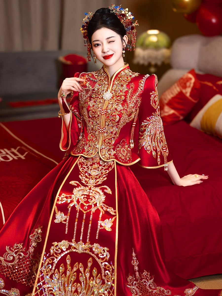 Chinese Satin Xiuhe Bridal Wedding Dress | Embroidered Gown