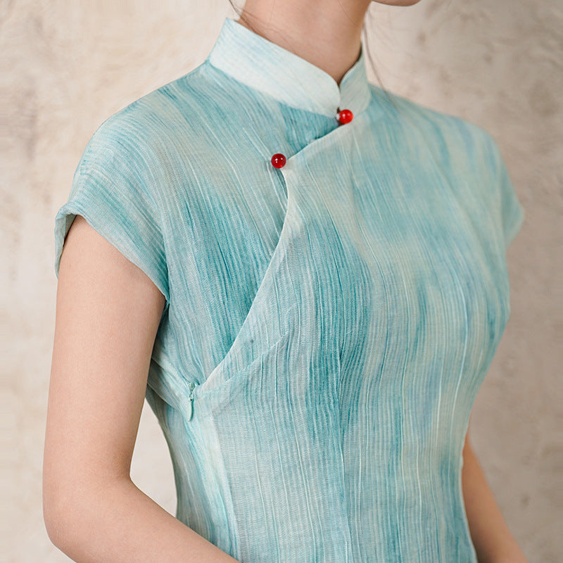 Half-Overlap Long Qipao | Cap-Sleeve Slim Mandarin Dress