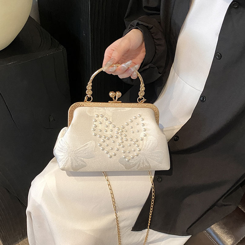 Pearl-Embellished Vintage Bow Evening Clutch Bag for Hanfu Pairing