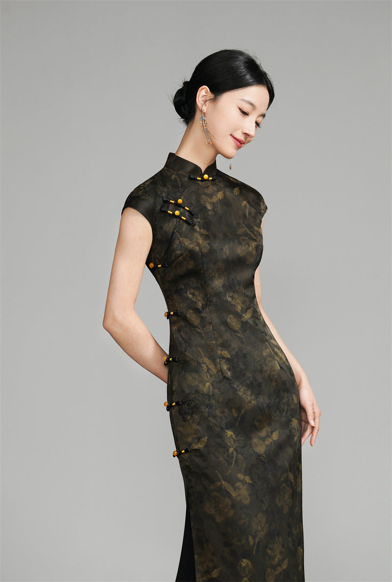 Shanghai Vintage Style Jacquard Satin Qipao | Sleeveless Long Cheongsam