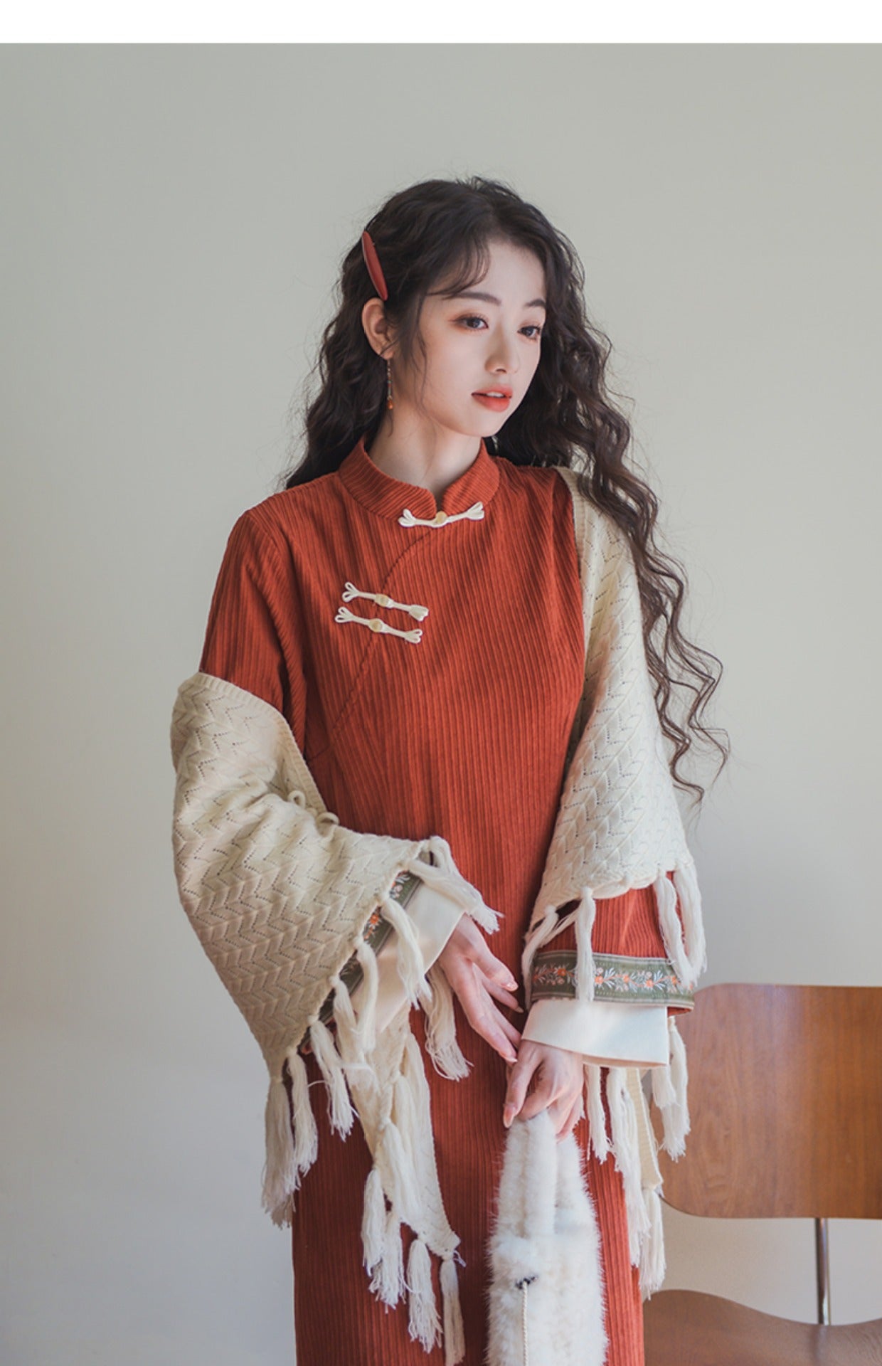 Vintage Orange Corduroy Hanfu Dress With Embroidered Vest