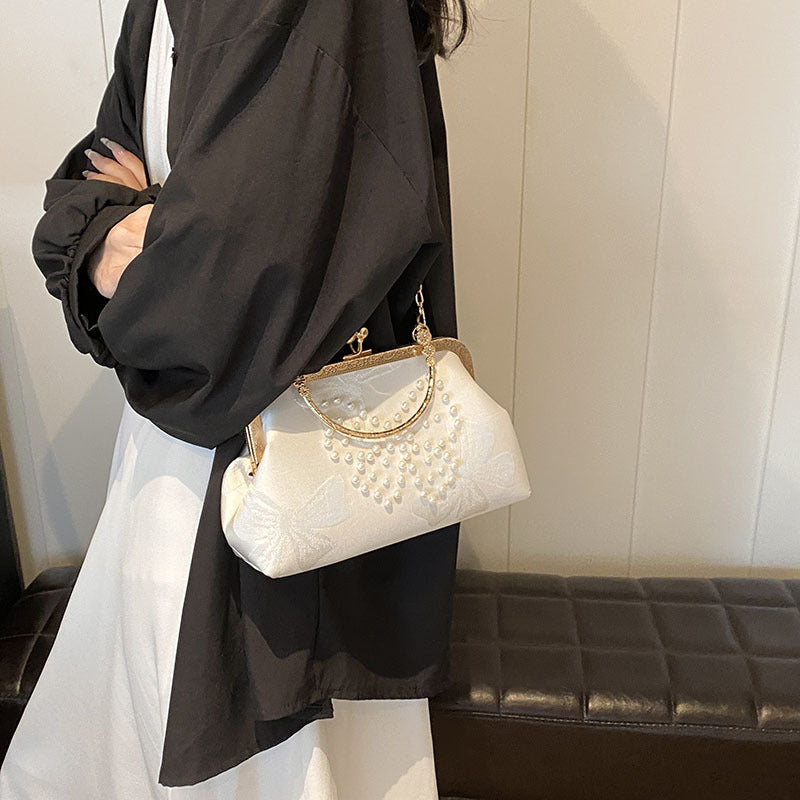 Pearl-Embellished Vintage Bow Evening Clutch Bag for Hanfu Pairing