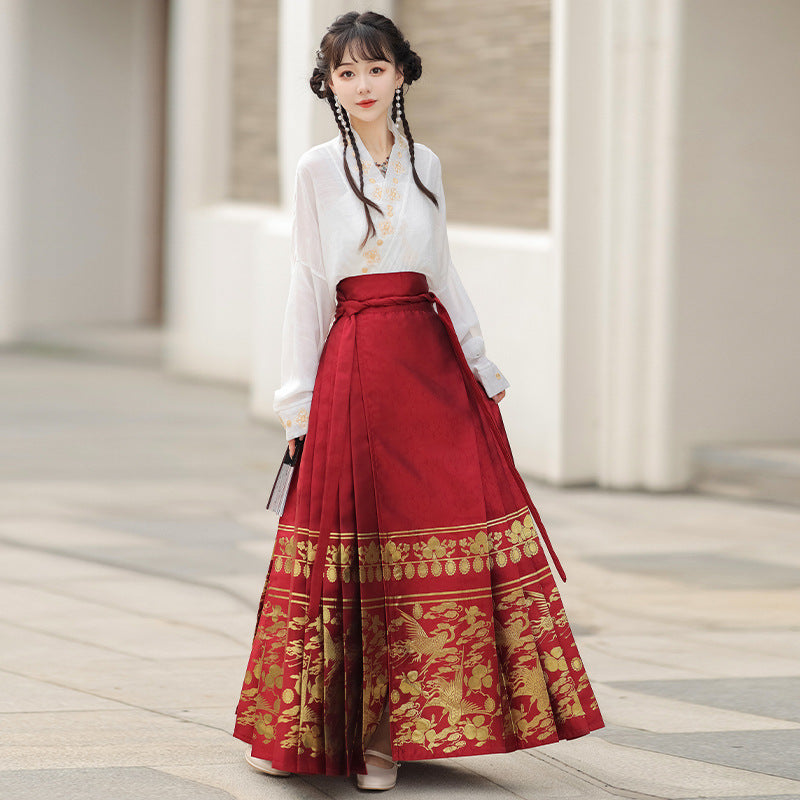 Red & Gold Embroidered Hanfu Mamianqun Skirt – Traditional Chinese Hanfu for wedding Mamianqun