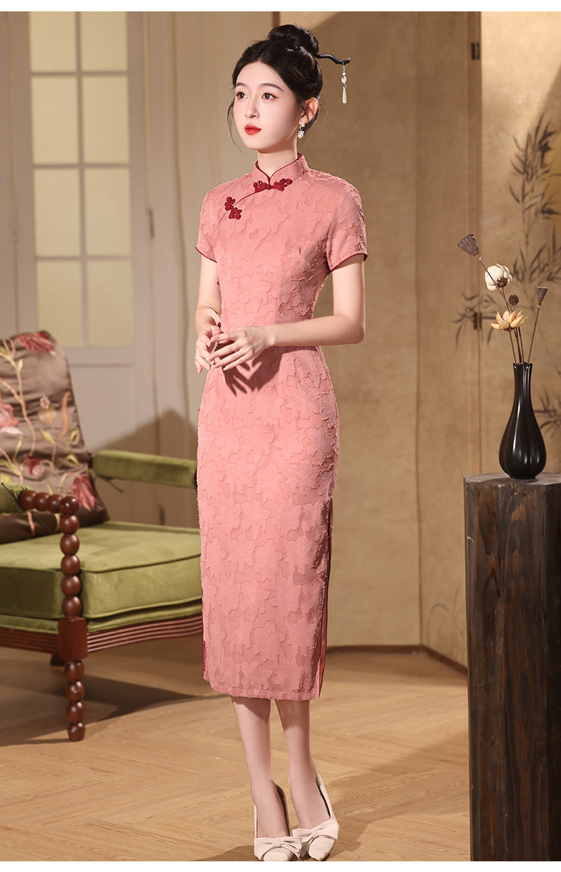 Elegant Pink Floral Cheongsam Dress