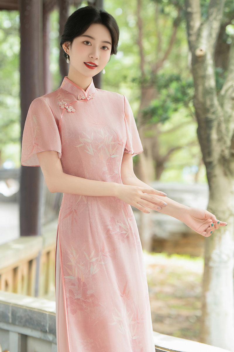 Elegant Bamboo Print Cheongsam Pink Hanfu Dress