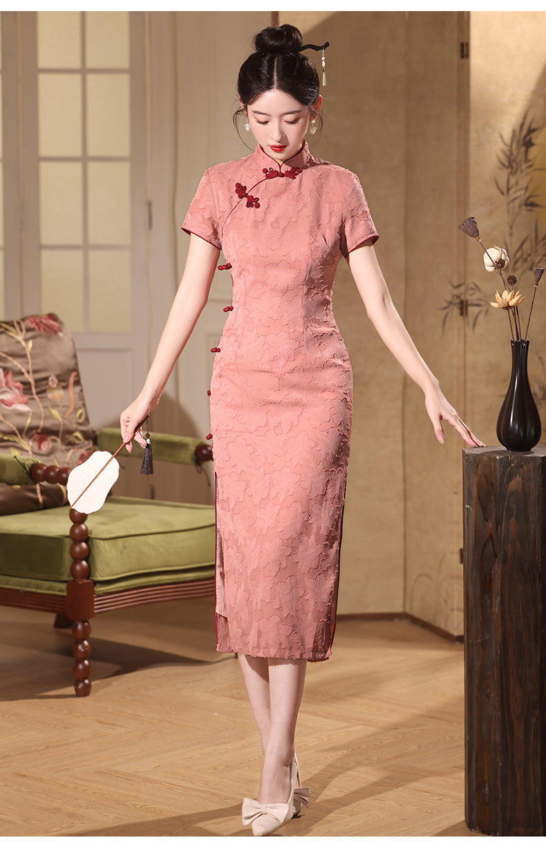 Elegant Pink Floral Cheongsam Dress