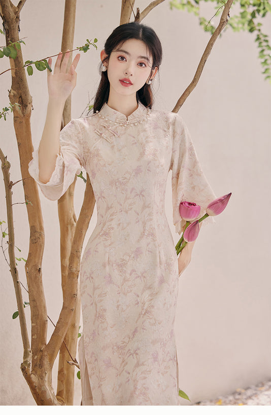 Chinese Blue Floral Summer and Spring Cheongsam Dress
