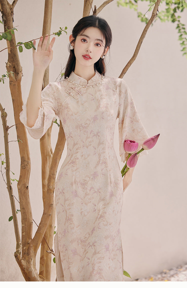 中国蓝花卉夏春旗袍连衣裙
