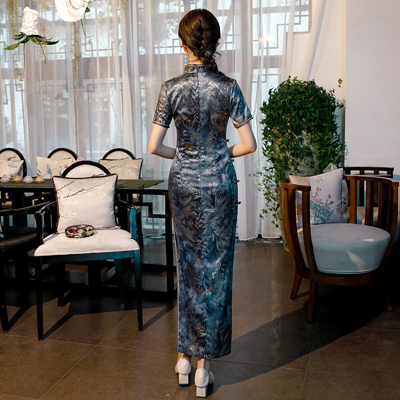 Elegant Satin Cheongsam Dress with Floral Embroidery High Split Design
