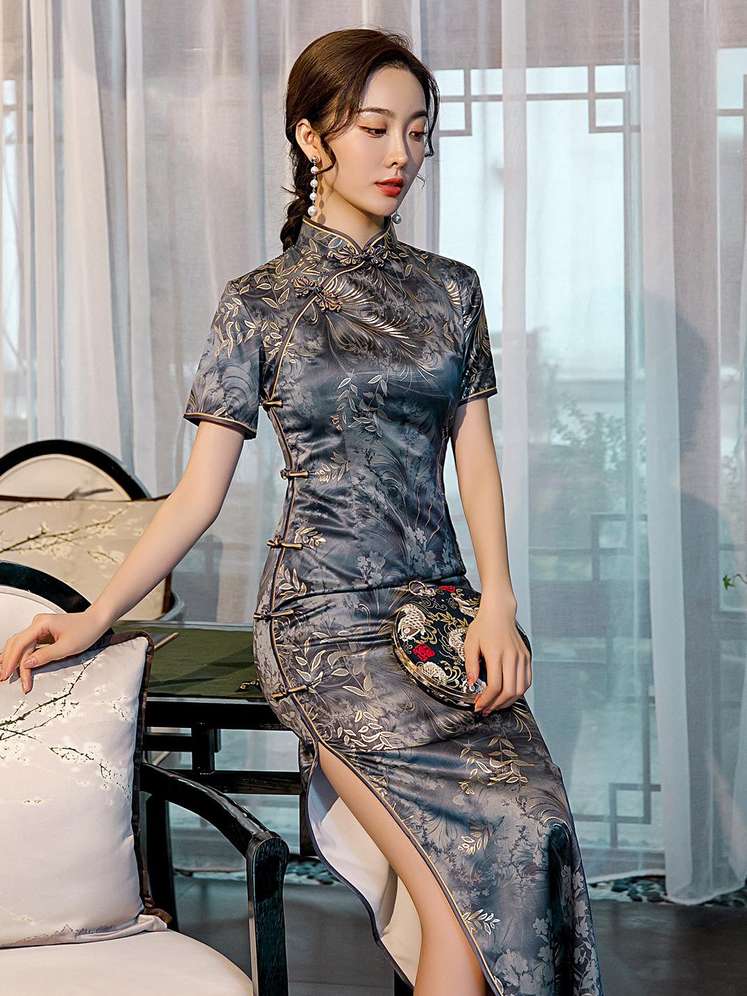 Elegant Satin Cheongsam Dress with Floral Embroidery High Split Design