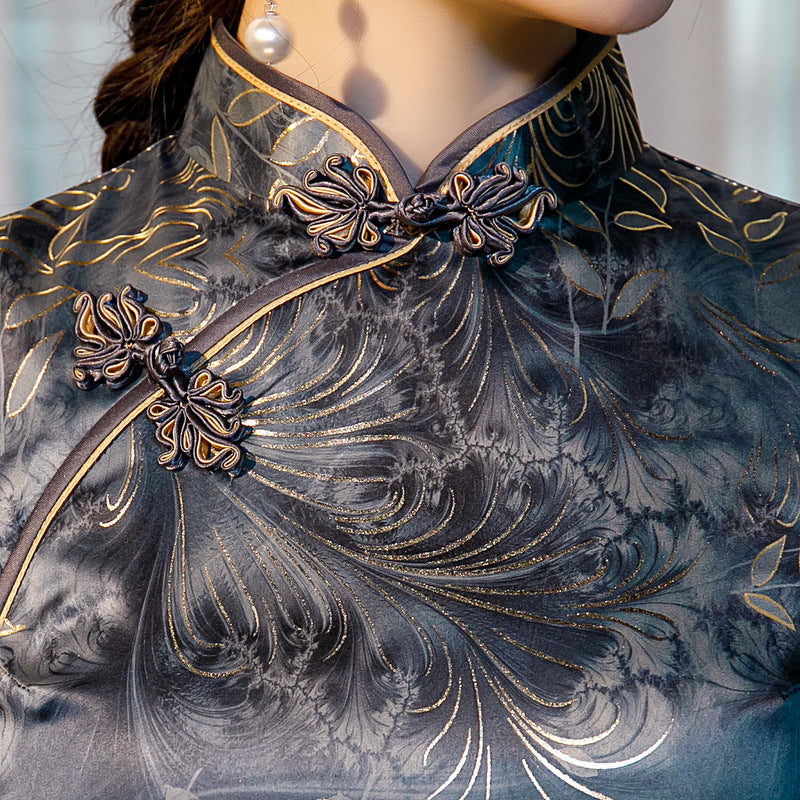 Elegant Satin Cheongsam Dress with Floral Embroidery High Split Design