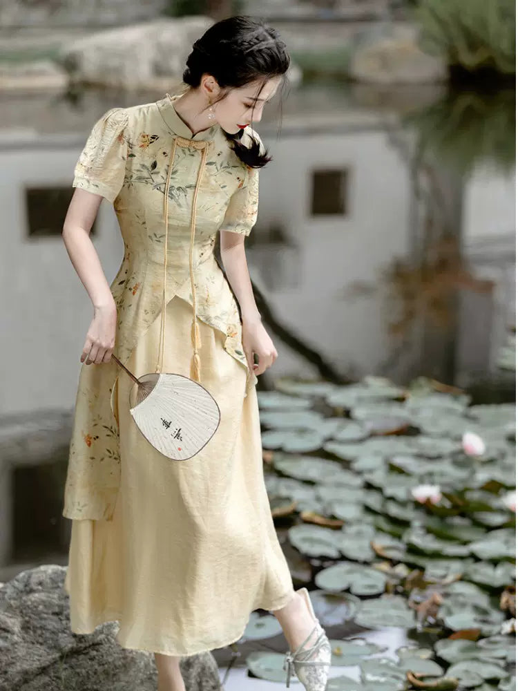 Beige One Piece Dress-Modern Cheongsam