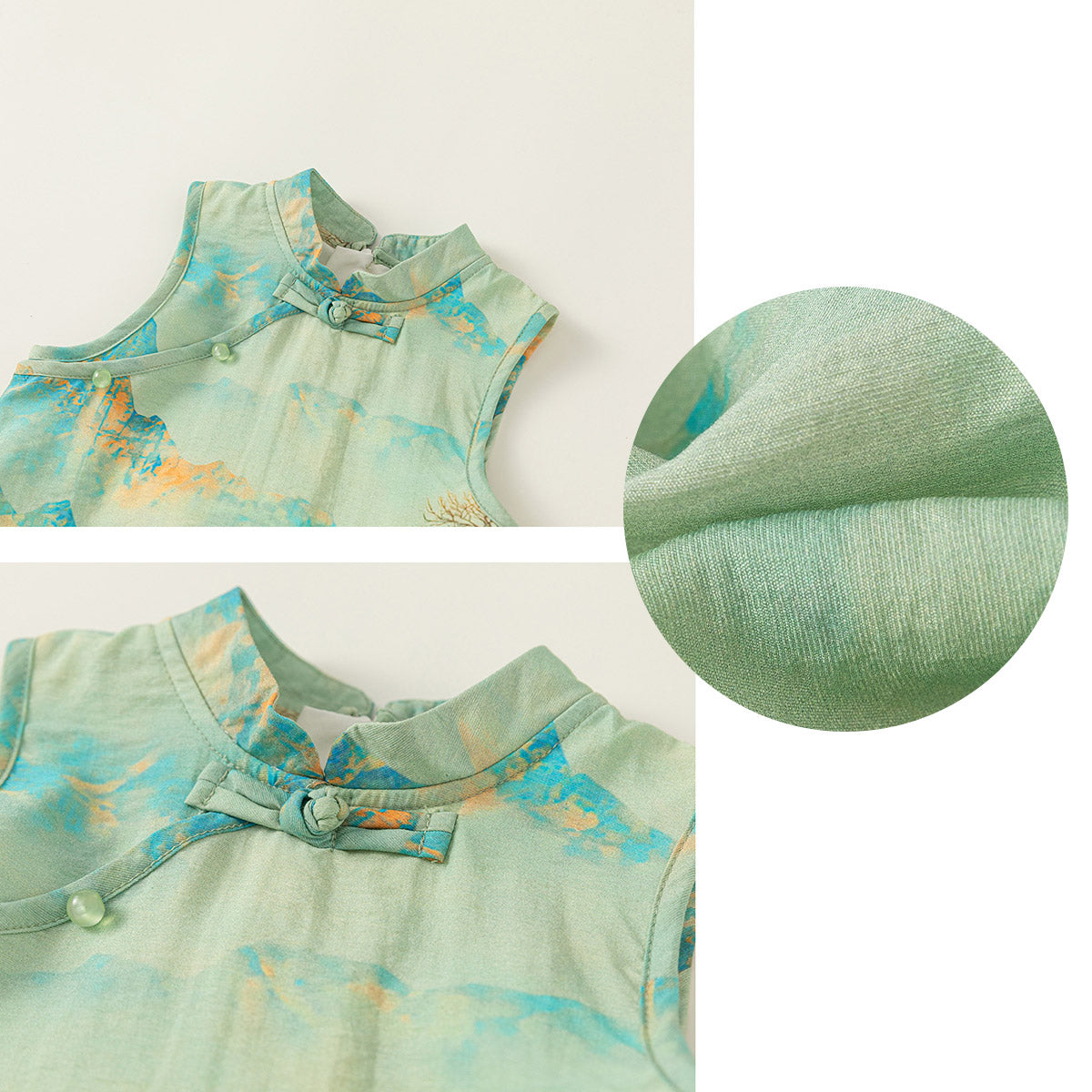 米色、绿色、粉色碎花女童汉服