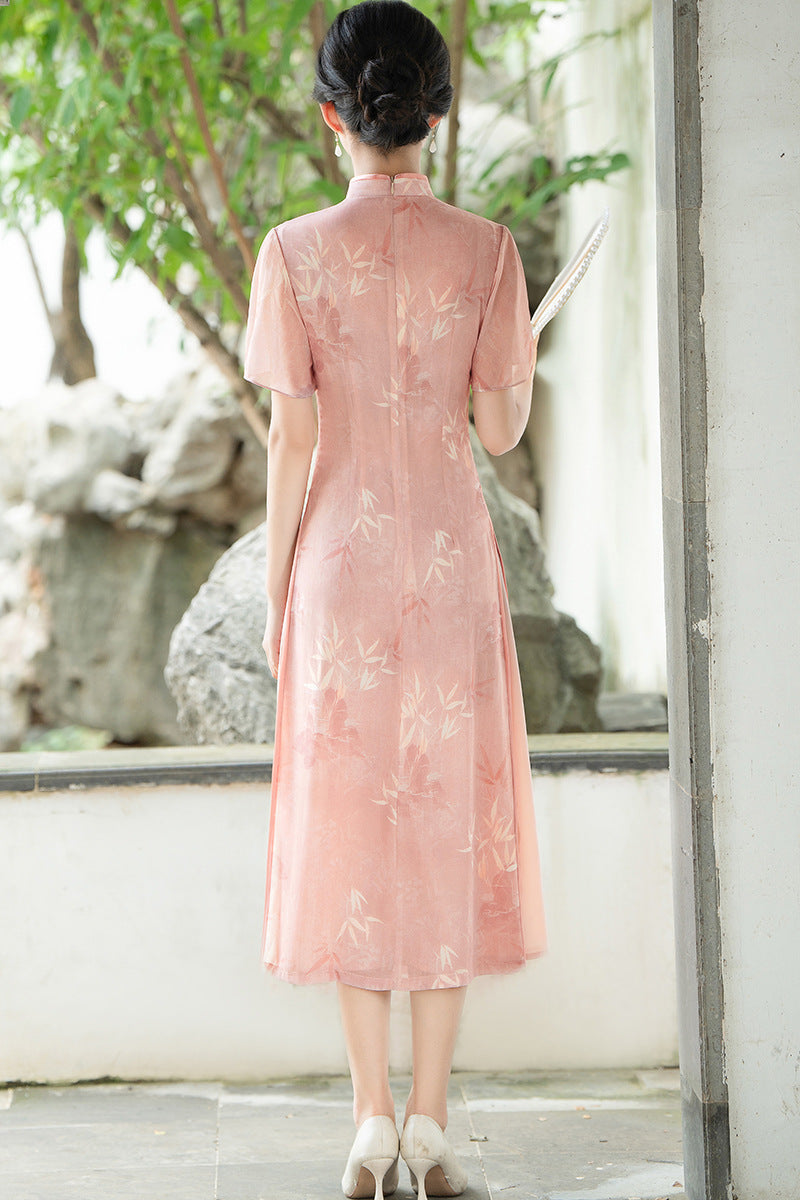 Elegant Bamboo Print Cheongsam Pink Hanfu Dress